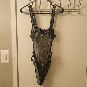 Vibes Black Sheer Star-Patterned Bodysuit. "Karma Is a B" Size M/L
